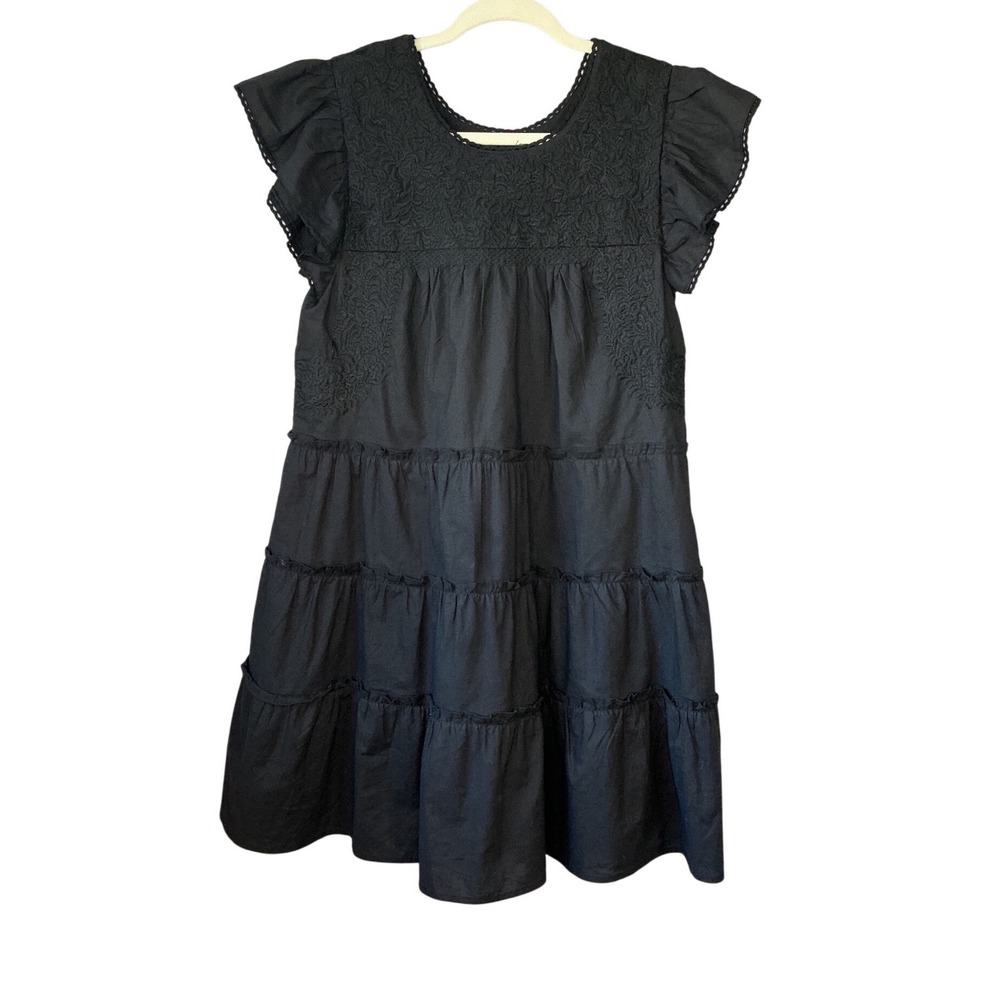 J. Marie  Zara Black Embroidered Tiered Flutter‎ Sleeve Mini Dress JM1883 XS